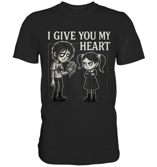 Schwarzes T-Shirt mit Gothic Junge, Herz in der Hand, Gothic Mädchen mit Skull-Haarspangen, Schriftzug „I Give You My Heart“, düsteres Liebesdesign.