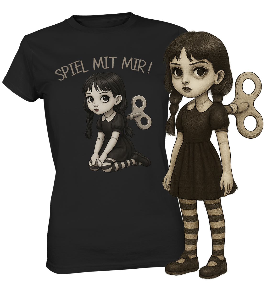 Schwarzes T-Shirt mit frechem Gothic Girl und Spruch Spiel mit mir. Rechts im Bild ist eine Gothic Doll abgebildet.
