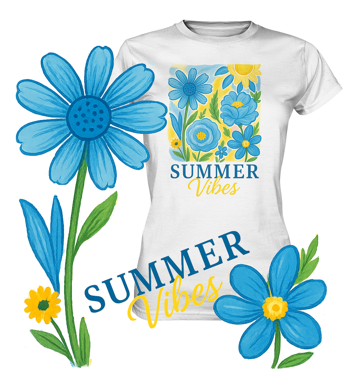 Weißes Damen-T-Shirt mit zartem Vintage-Blumenmotiv in Blau und Gelb und dem Schriftzug „Summer Vibes“