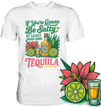 Weißes T-Shirt mit tropischem Retro-Motiv, Hibiskusblüten und dem Spruch „If you gonna be salty, at least bring some tequila“