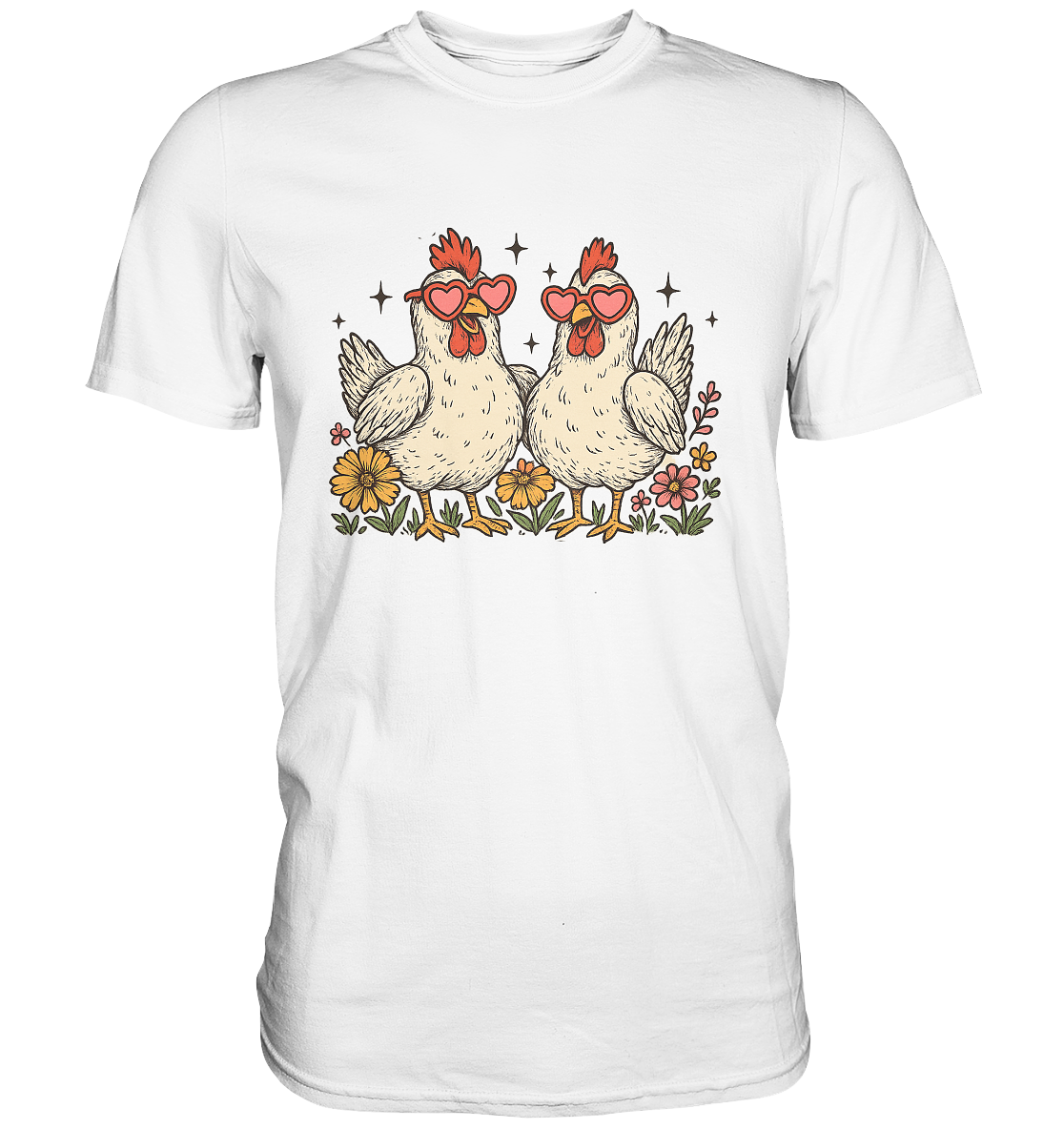 Zwei Hühner mit herzförmigen Sonnenbrillen auf bunter Blumenwiese, Motiv auf weißem T-Shirt