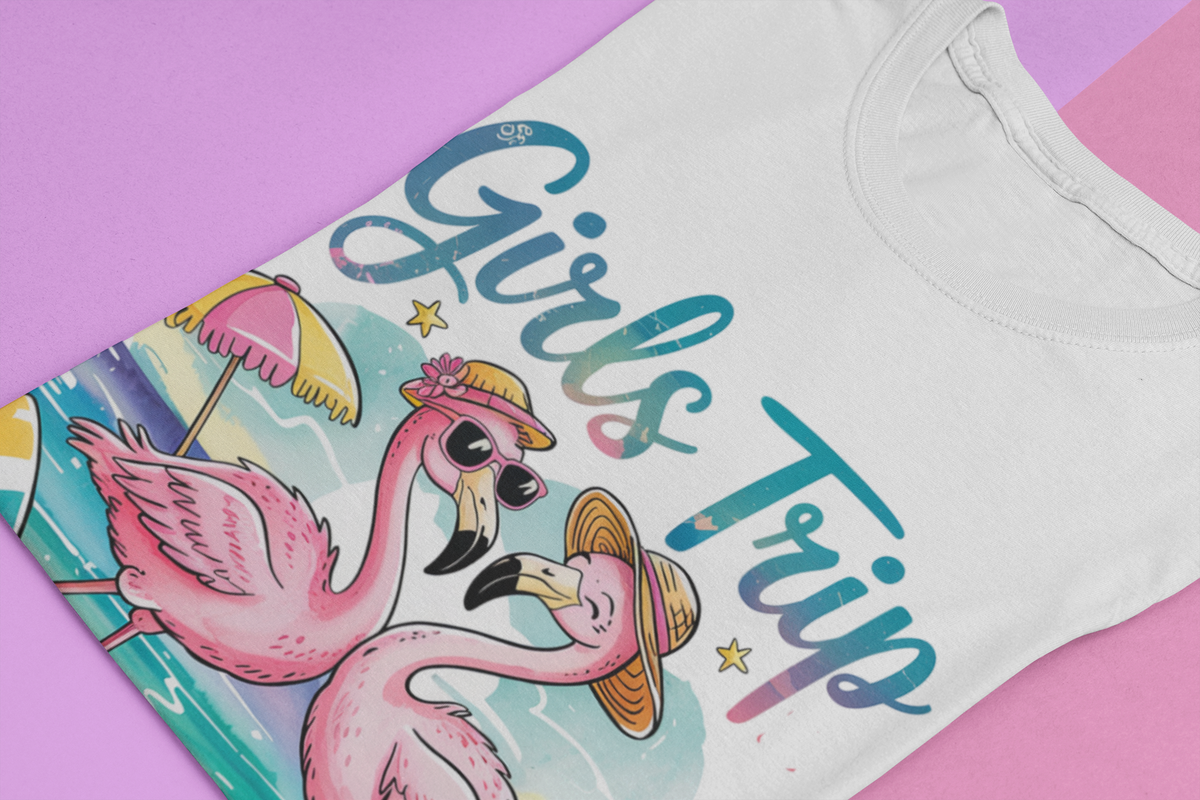 Zusammengefaltetes weißes T-Shirt mit Flamingos am und Schriftzug „Girls Trip“