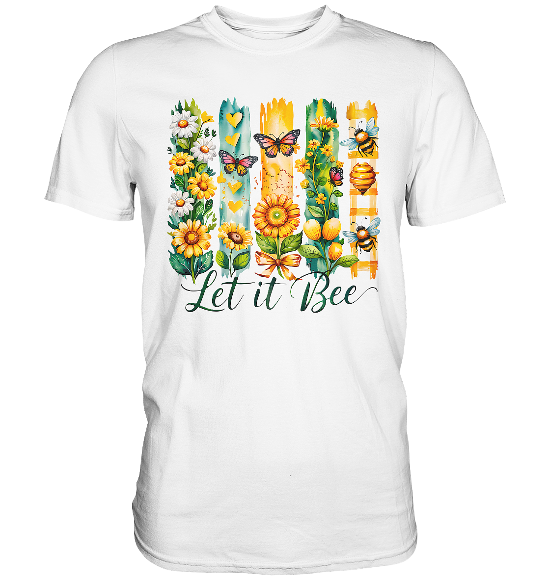 Weißes T-Shirt mit gelben Blumen, mehreren Bienen und dem Schriftzug „Let it bee“