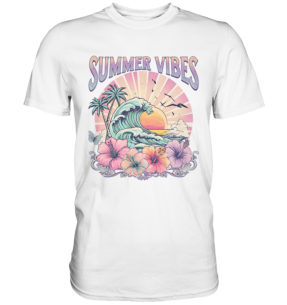 Weißes T-Shirt mit pastellfarbenem Vintage-Motiv: Strand, Palmen, Hibiskusblüten und Schriftzug „Sommer Vibes“