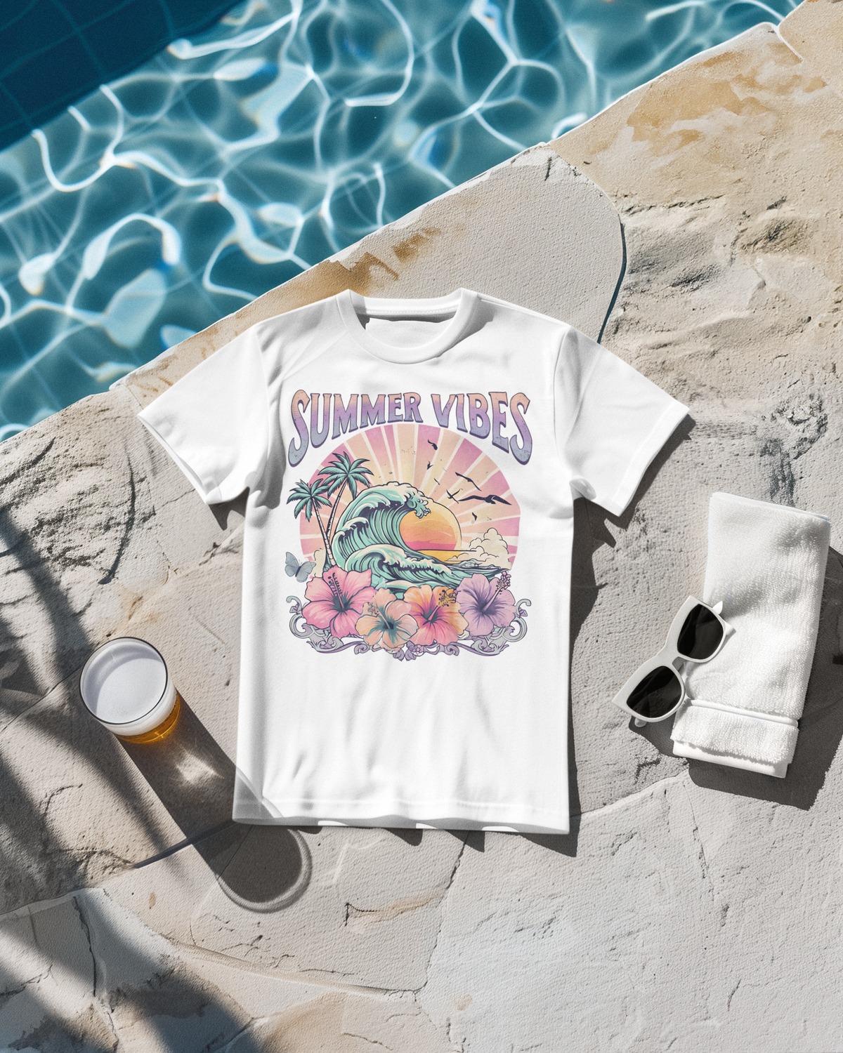 Weißes T-Shirt mit pastellfarbenem Vintage-Motiv: Strand, Palmen, Hibiskusblüten und Schriftzug „Sommer Vibes“