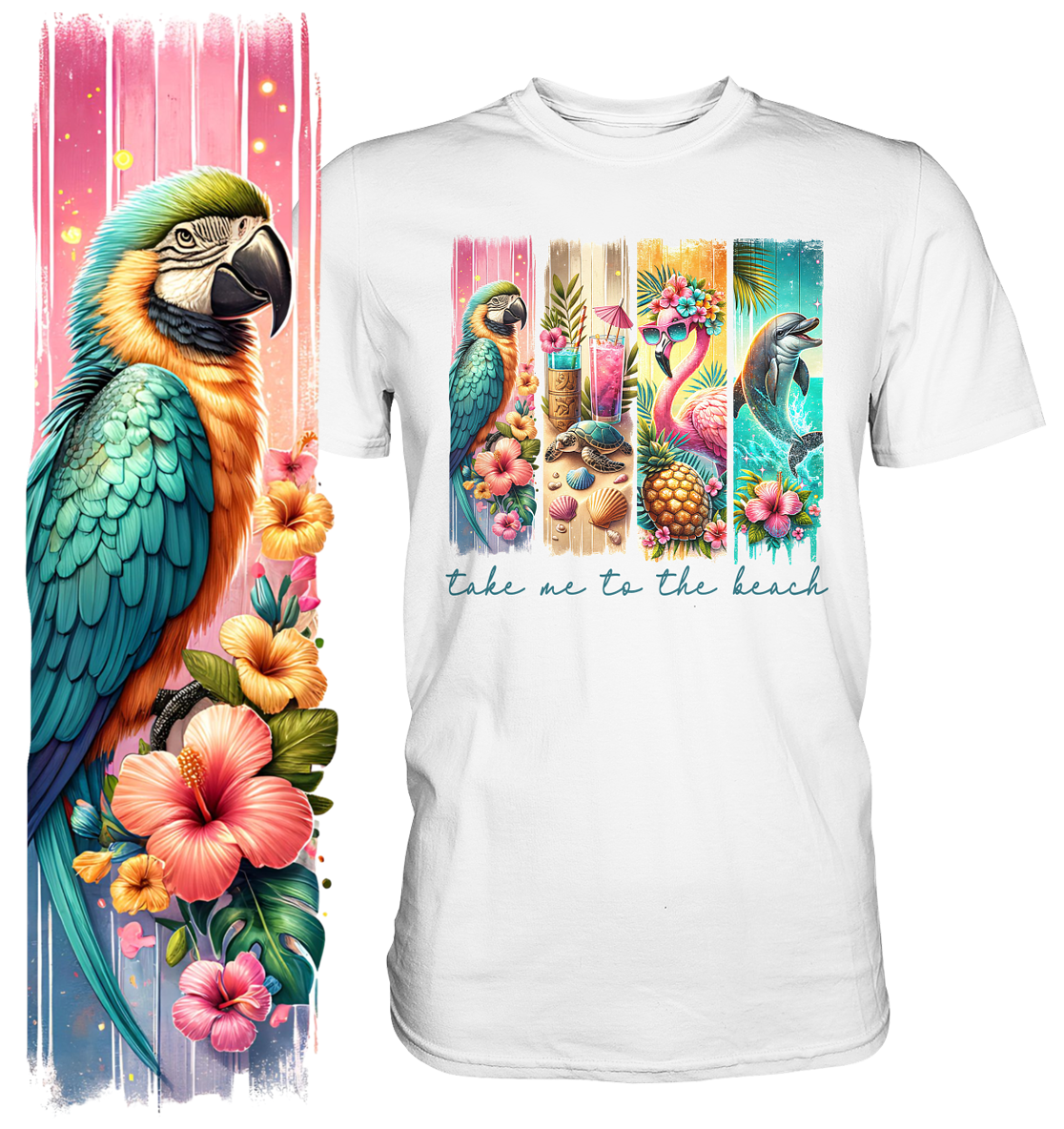 Weißes T-Shirt mit tropischem Motiv: Hibiskusblüten, Flamingo, Papagei und Schriftzug „Take me to the Beach“. Links auf dem Bild ein Großer Ara Papagei mit Hibiskusblüten.