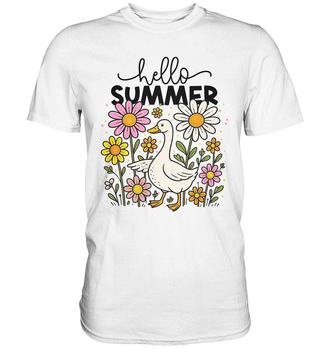 Weißes T-Shirt mit Gans im Blumenbeet und Schriftzug „Hello Summer“ in farbenfrohem Design