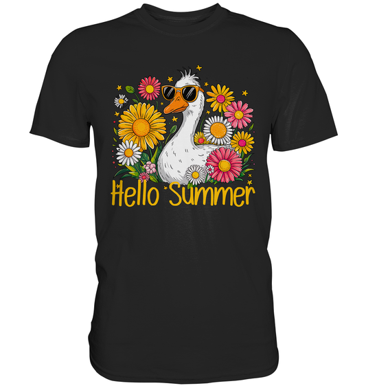 T-Shirt mit sitzender Gans und Schriftzug „Hello Summer“ in schlichtem, humorvollem Design