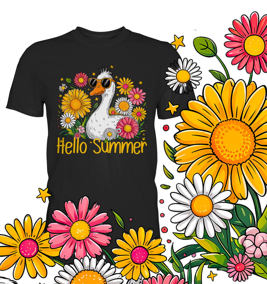 Bild zeigt ein schwarzes T-Shirt mit sitzender Gans und Schriftzug „Hello Summer“ in schlichtem, humorvollem Design. Unten und rechts am Rand große gelbe und pinke Blumen.