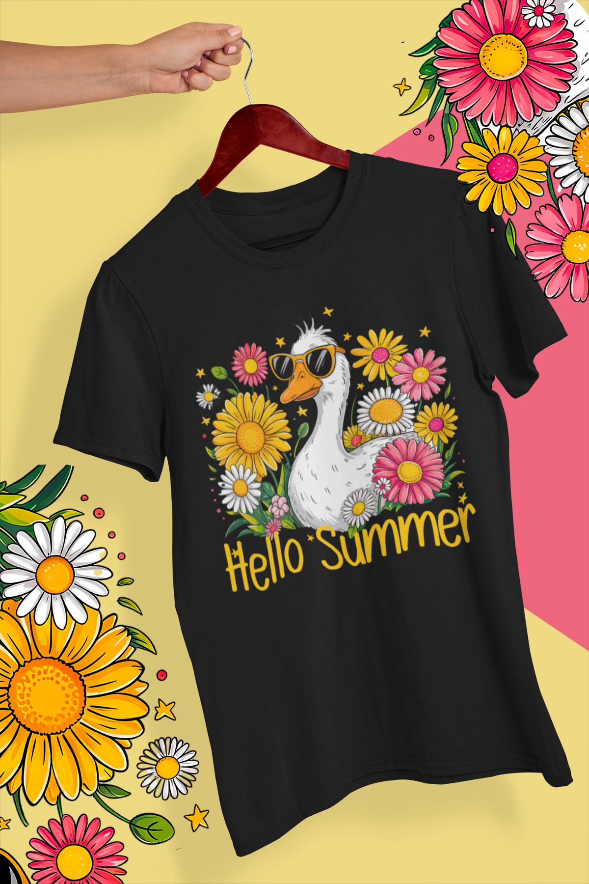 T-Shirt mit sitzender Gans und Schriftzug „Hello Summer“ in schlichtem, humorvollem Design