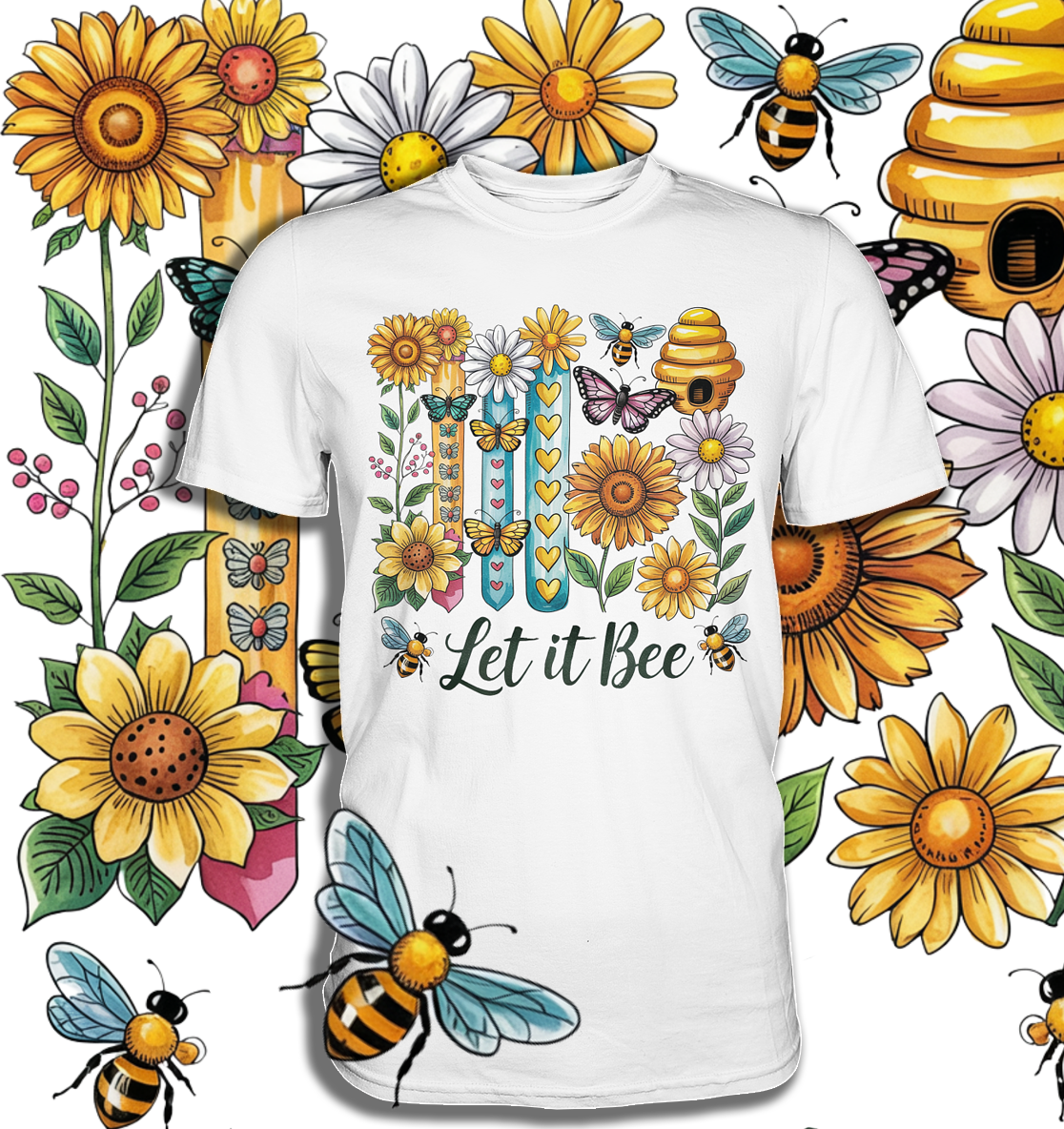 Weißes T-Shirt mit Blumen, Bienen, Schmetterlingen und dem Schriftzug „Let it bee“ im sommerlich-natürlichen Design. Im Hintergrund gelbe Blumen und Bienen.