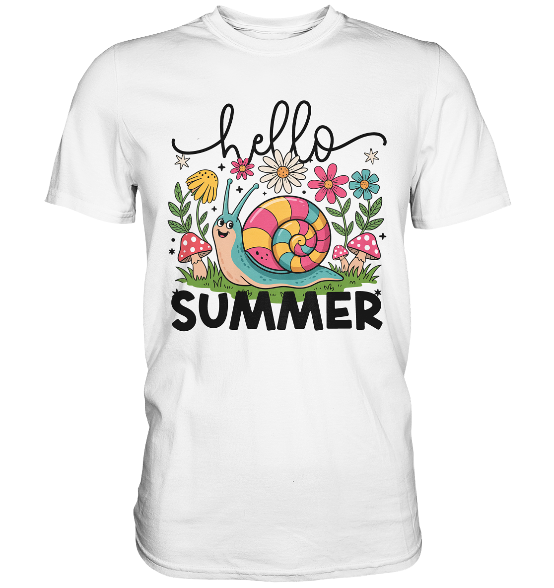 Weißes T-Shirt mit Schnecke und Blumenmotiv sowie dem Schriftzug „Hello Summer“ im sommerlich-natürlichen Design