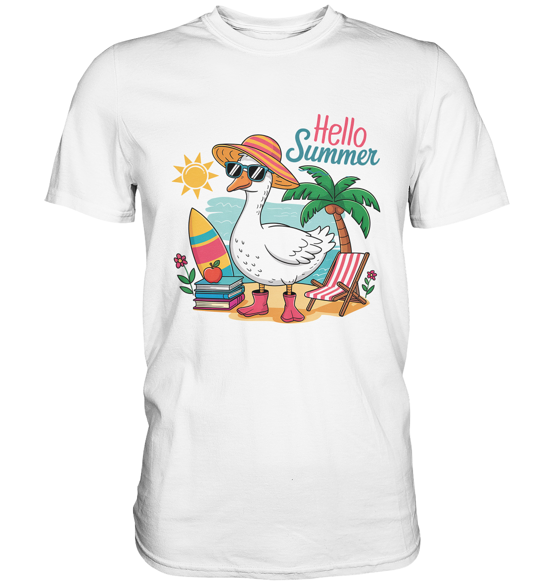 Weißes T-Shirt mit Gans im Sonnenhut und dem Spruch „Hello Summer“ in frechem, sommerlichem Design