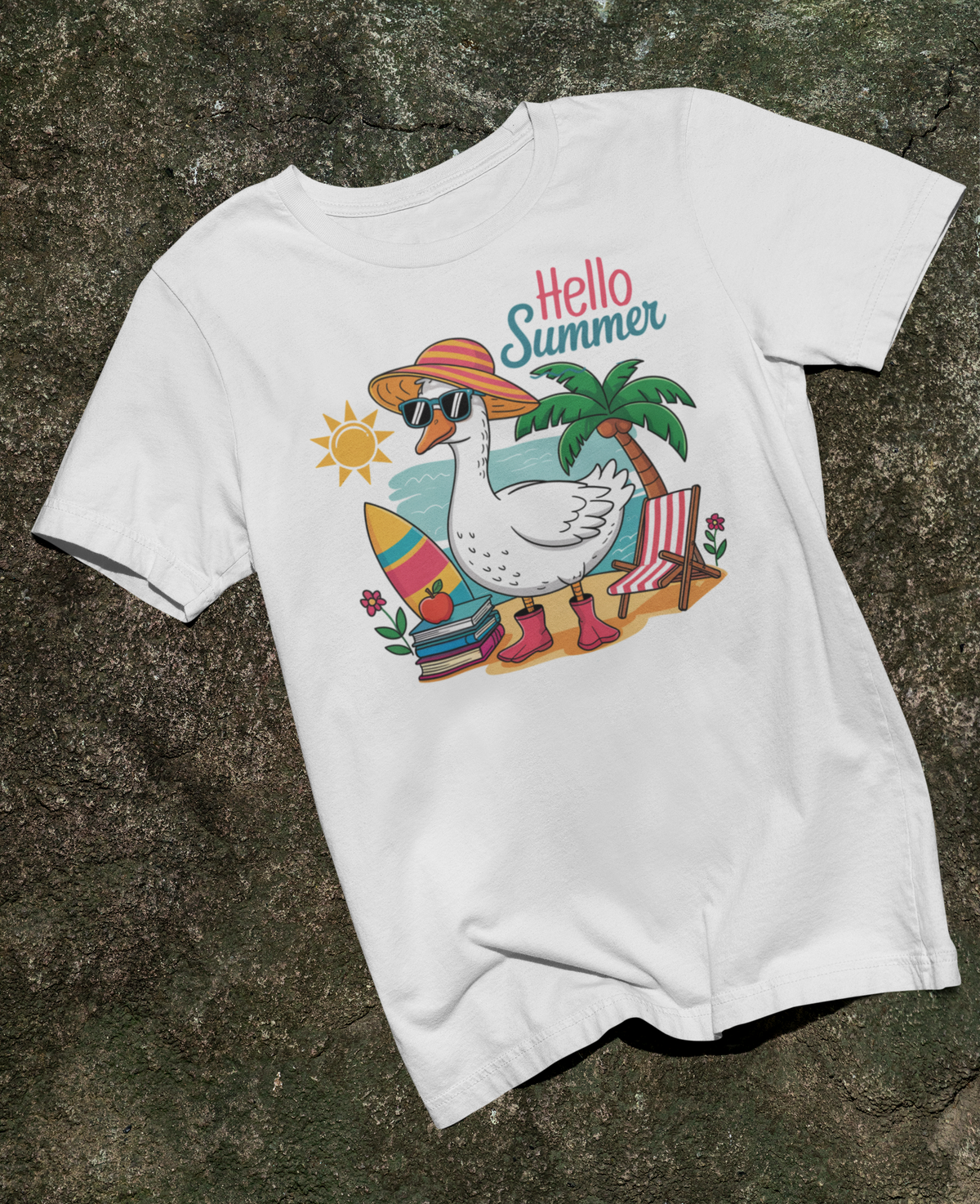 Weißes T-Shirt mit Gans im Sonnenhut und dem Spruch „Hello Summer“ in frechem, sommerlichem Design