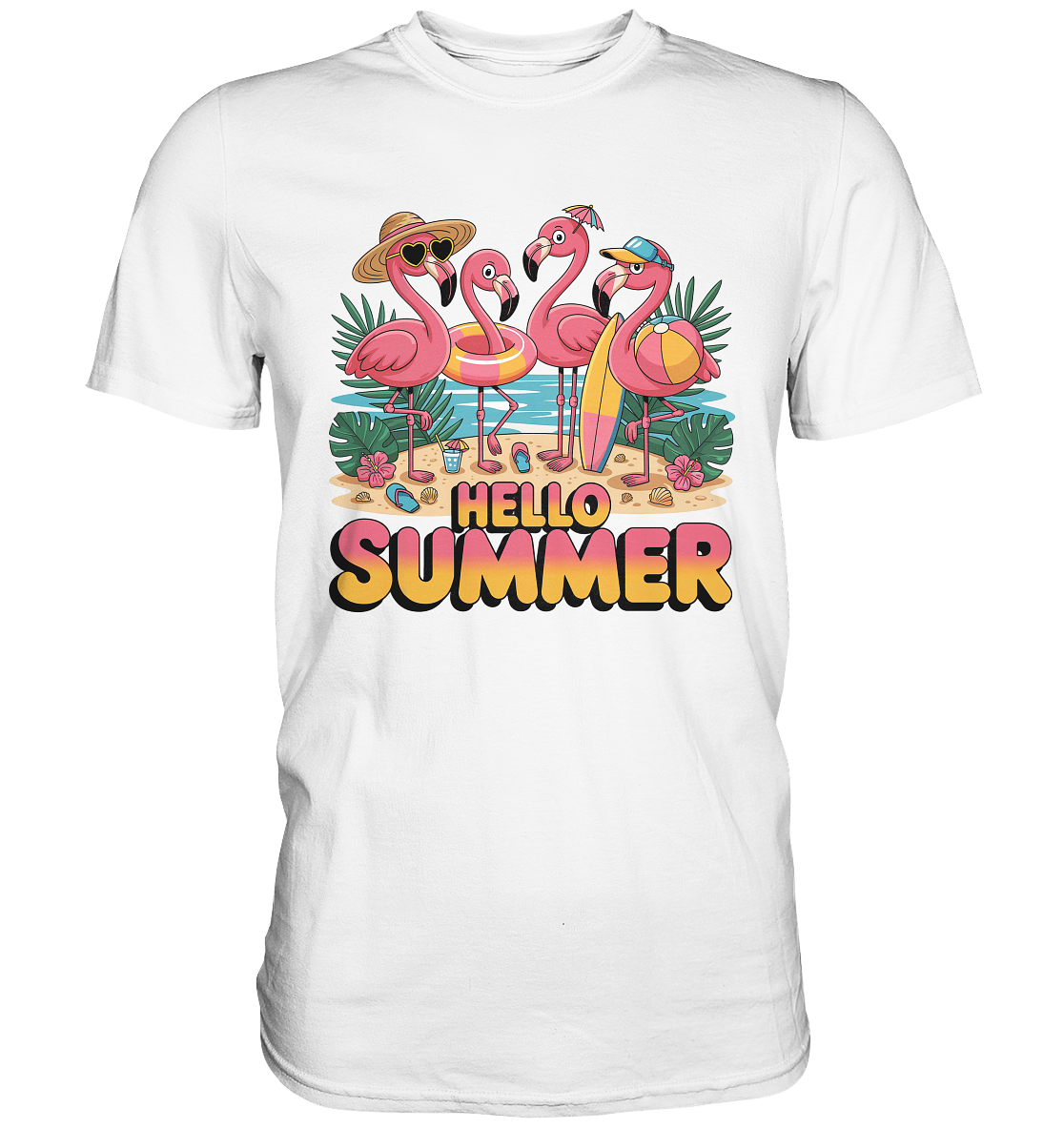 Weißes T-Shirt mit vier pinken Flamingos und großem Schriftzug „Hello Summer“ – sommerliches Retro-Motiv im Beach-Stil