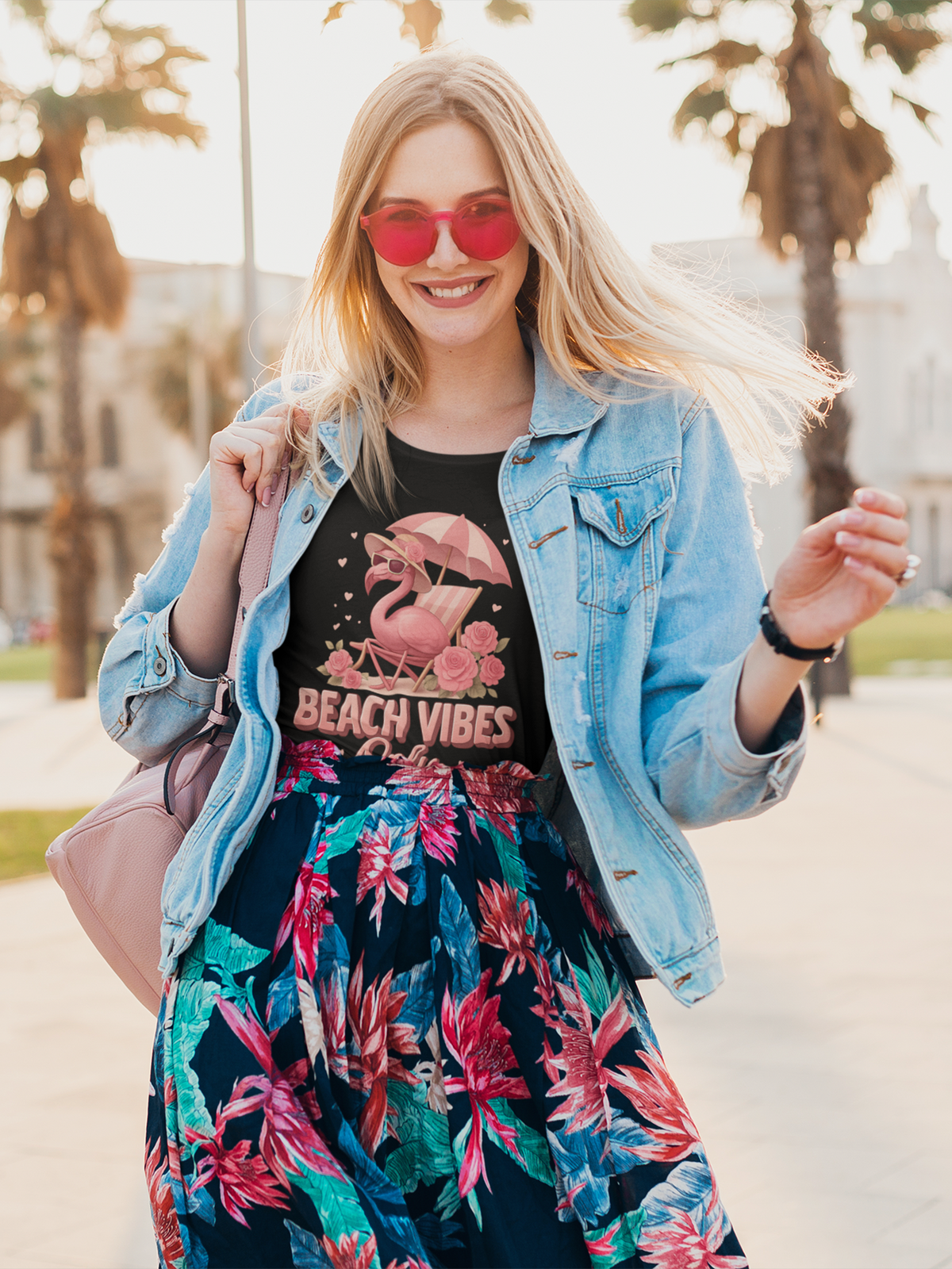 Blonde, lachende Frau mit Sonnenbrille trägt eine Jeansjacke, einen Rock mit tropischen Muster und ein schwarzes Shirt mit Flamingo-Motiv und der Aufschrift "Beach Vibes"
