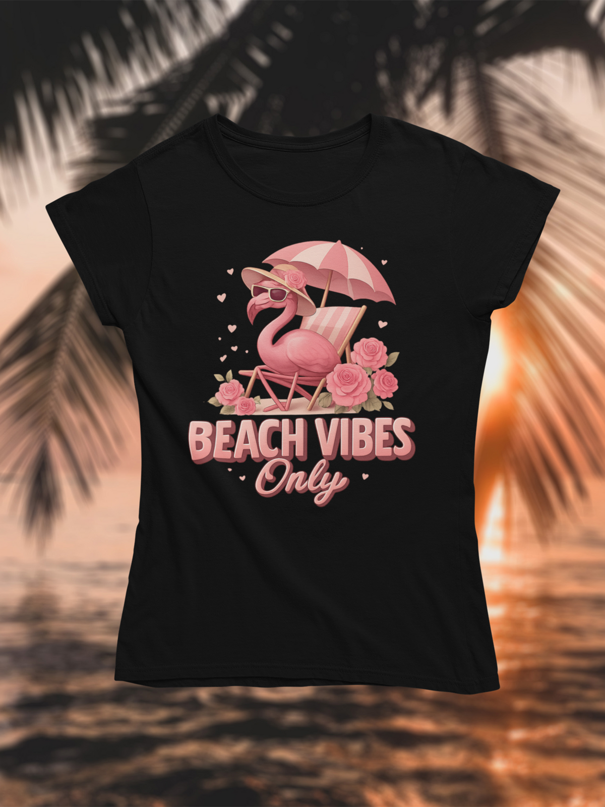 Schwarzes T-Shirt mit Aufschrift "Beach Vibes Only" und rosa Flamingo-Motiv. Im Hintergrund Palme und Sonnenuntergang am Meer.