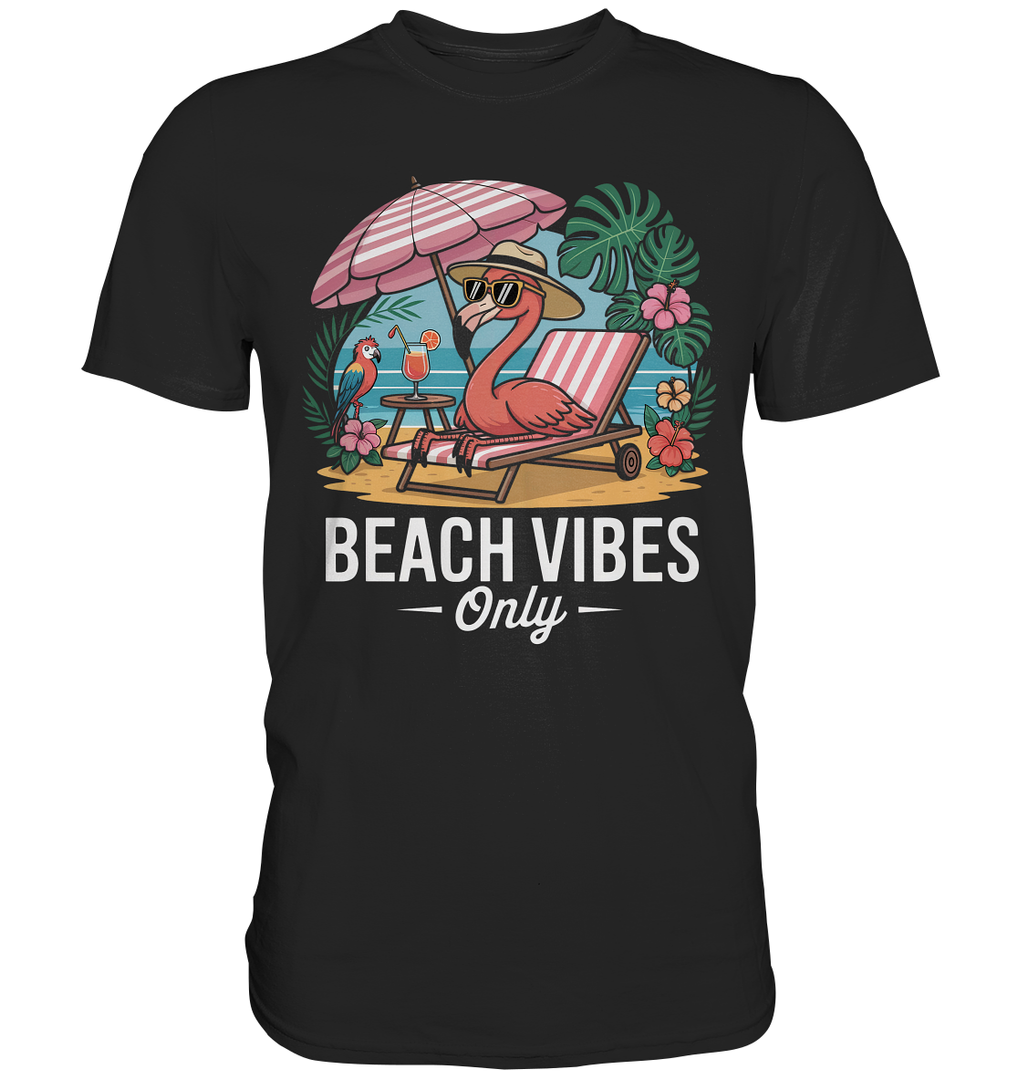Schwarzes T-Shirt mit pinkem Flamingo, Palmen und dem Schriftzug „Beach Vibes Only“ – tropisches Sommermotiv