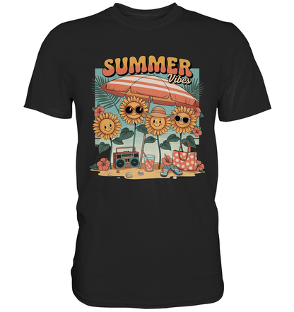 Schwarzes T-Shirt mit bunten Retro-Blumen und dem Schriftzug „Summer Vibes“ – auffälliges Sommerdesign im Vintage-Stil