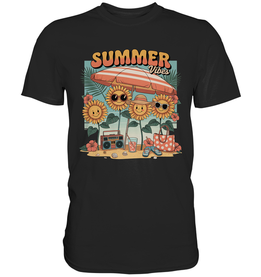 Schwarzes T-Shirt mit bunten Retro-Blumen und dem Schriftzug „Summer Vibes“ – auffälliges Sommerdesign im Vintage-Stil