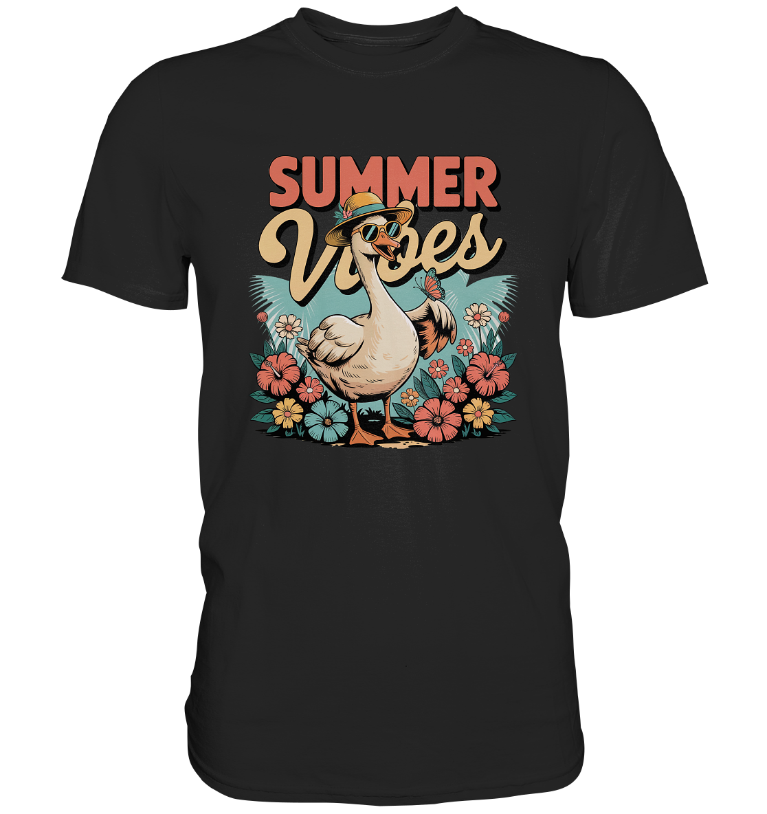 Schwarzes T-Shirt mit Gans mit Sonnenbrille und „Summer Vibes“-Schriftzug. 