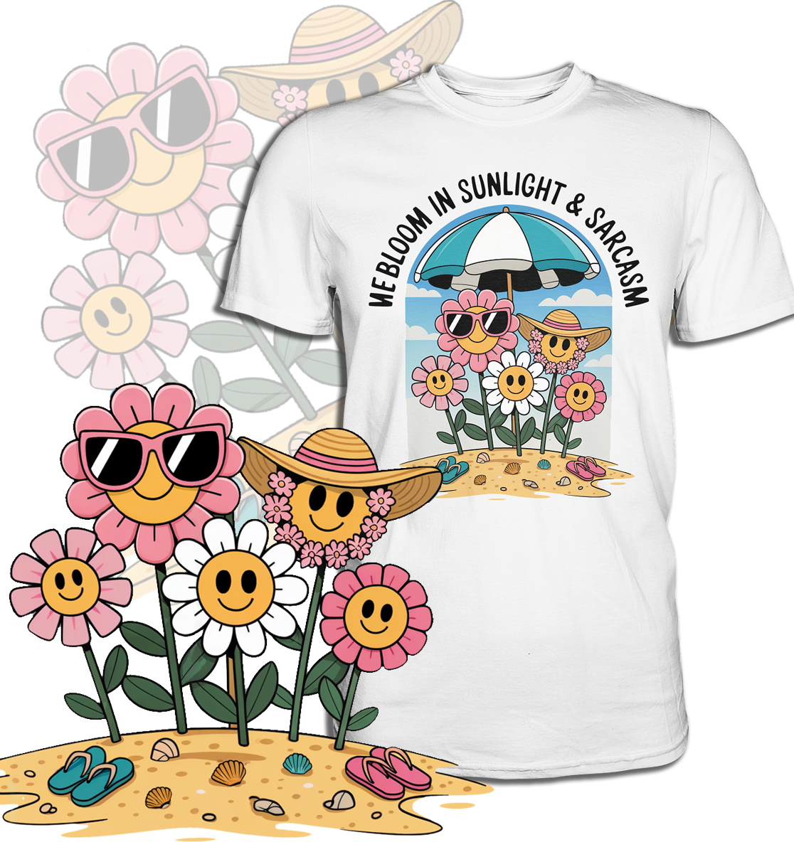 Weißes T-Shirt Mit Blumen und Spruch. Links vorne am Bild vergrößerte Darstellung des Motivs: Cartoon-Blumen 