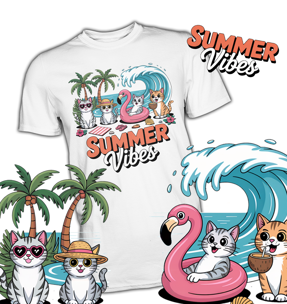 Weißes T-Shirt mit vergrößerter Darstellung des Motivs am unteren Bildrand: vier Katzen am Strand mit Sommer-Accessoires, Schriftzug „Summer Vibes“ 