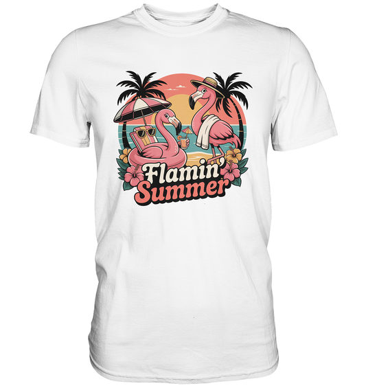 T-Shirt mit buntem Comic-Motiv: zwei Flamingos mit Sonnenbrille am Strand, mit Palmen, Schriftzug „Flamin’ Summer“