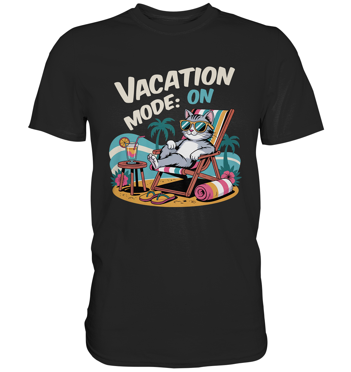 Schwarzes T-Shirt mit Comic-Motiv: relaxte Katze mit Sonnenbrille im Urlaubsmodus, Schriftzug „Vacation Mode On“