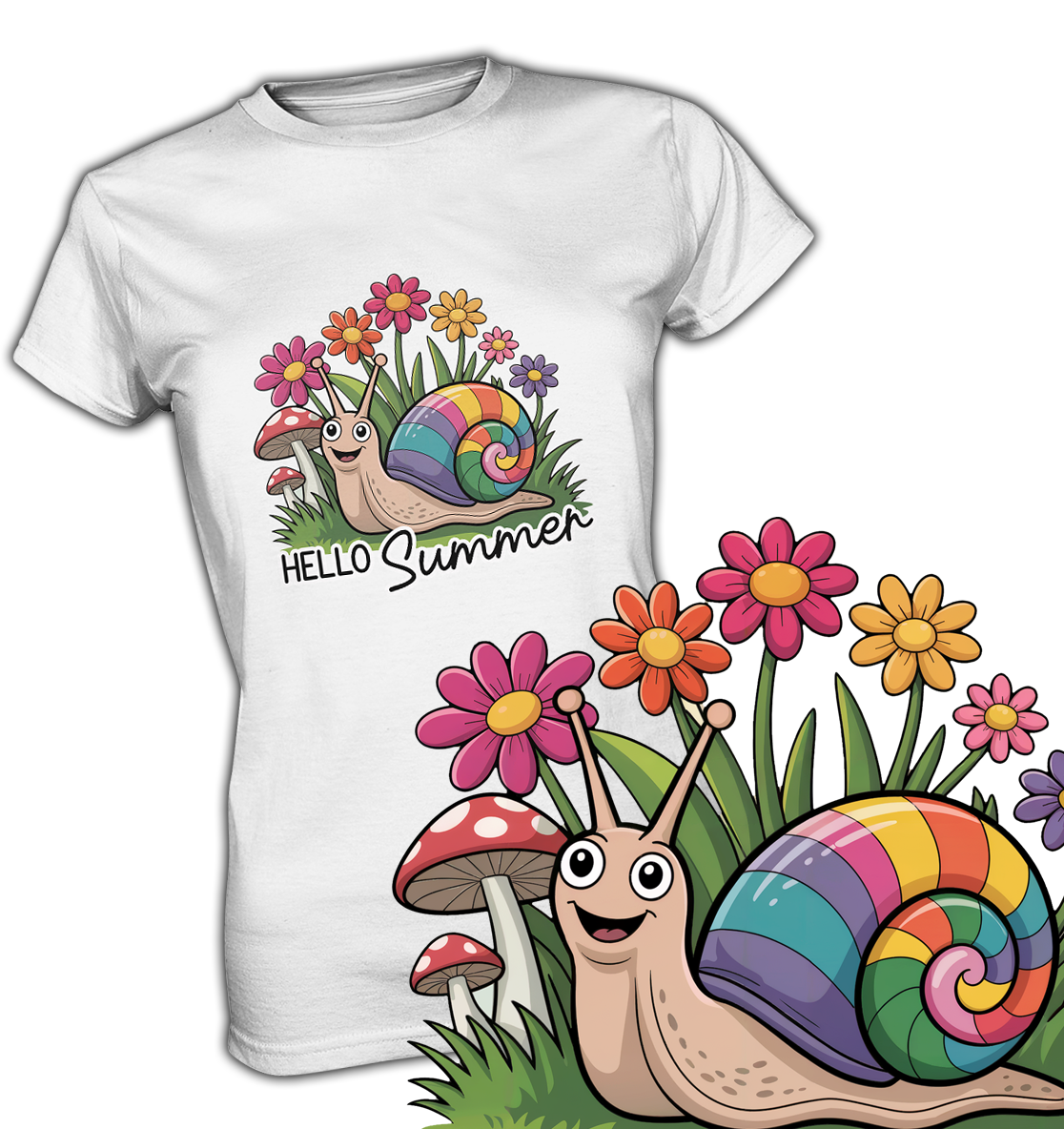 Weißes T-Shirt mit süßem Comic-Motiv: kleine Schnecke im Blumenbeet, umgeben von Blüten, Text „Hello Summer“. Rechs unten am Bildrand eine vergrößerte Darstellung des Motivs.