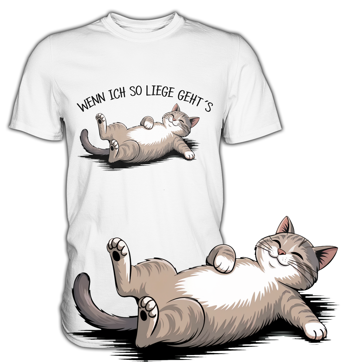 Weißes T-Shirt mit Sommermotiv Katze & Spruch, Motiv unten rechts im Bild vergrößert dargestellt