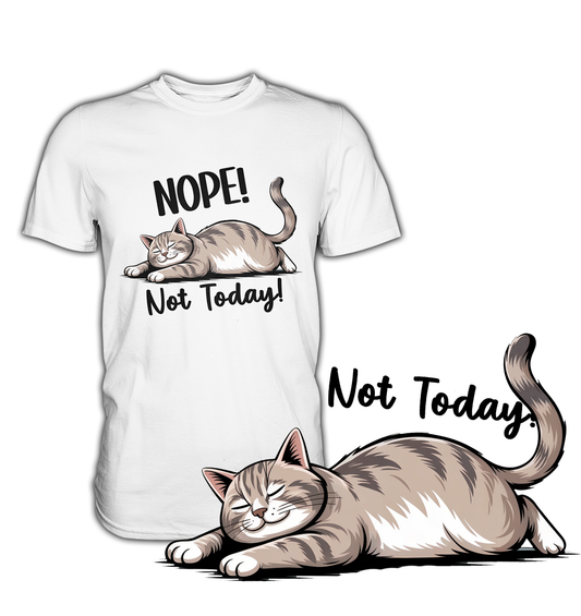 Weißes T-Shirt mit fauler Katze und Text "Nope! Not today!", vergrößertes Motiv am rechten unteren Bildrand