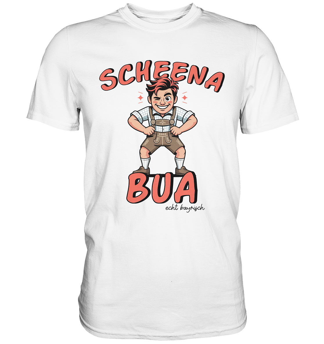 Weißes T-Shirt mit weißem bayerischen Schriftzug „Scheena Bua“ und bayrischer Comic-Figur