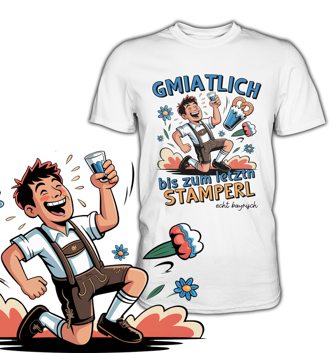 Weißes T-Shirt mit Comicfigur und Stamperl-Spruch, Motiv am linken unteren Bildrand vergrößert dargestellt