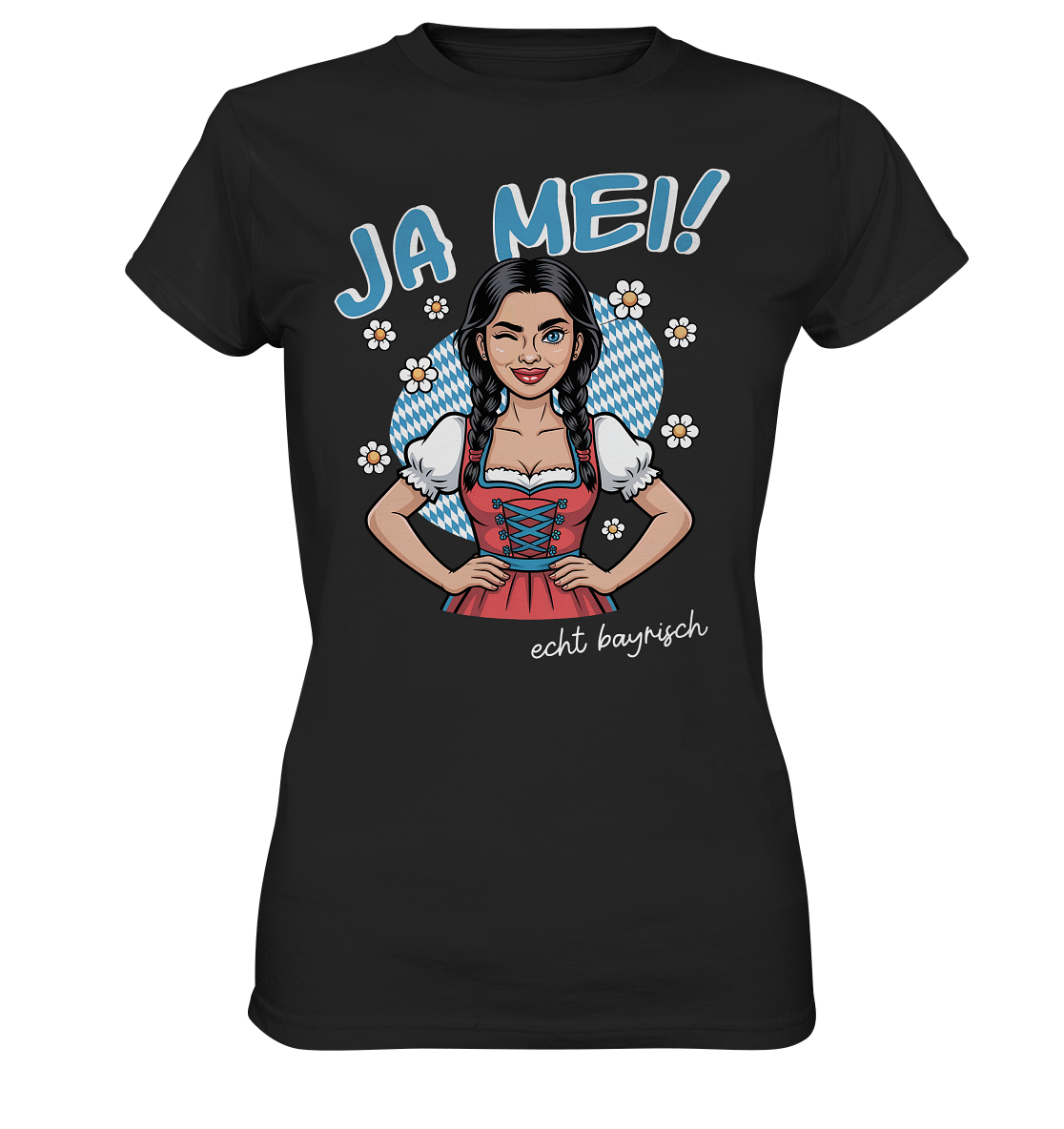 Schwarzes T-Shirt mit weißem Schriftzug „Ja mei“ im schlichten bayerischen Stil mit Dirndl Madl
