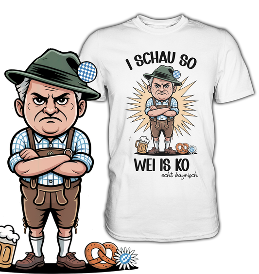 Weißes T-Shirt mit bayerischem Mann in Tracht und dem Text „I schau so wei is ko“, Motiv links im Bild vergrößert dargestellt