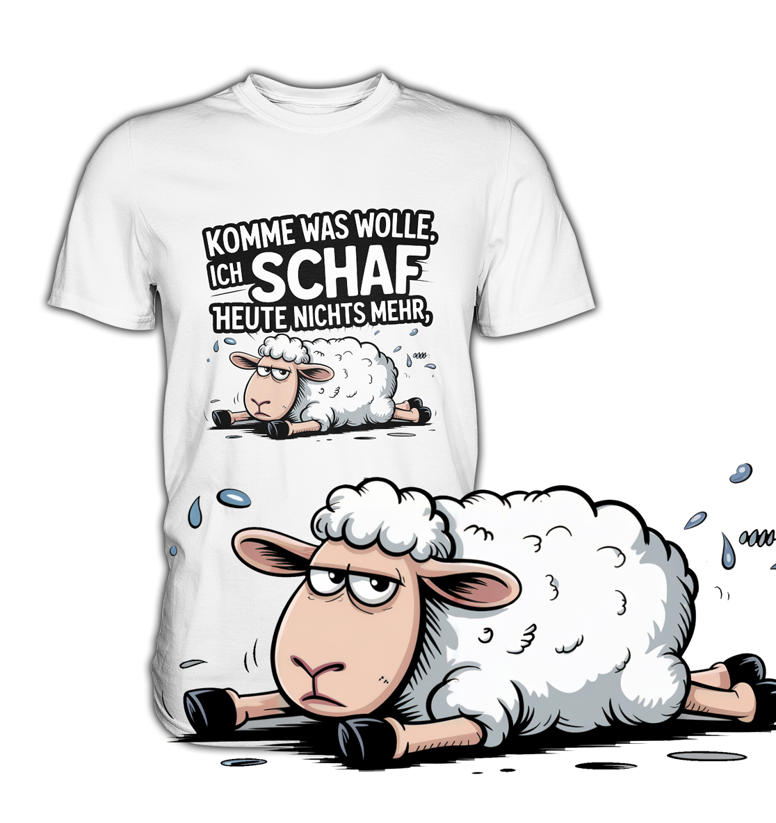Weißes T-Shirt mit erschöpftem Schaf und dem Spruch „Komm was Wolle, ich schaf heute nichts mehr“. Vorne unten eine vergrößerte Darstellung des schaf-Motivs.