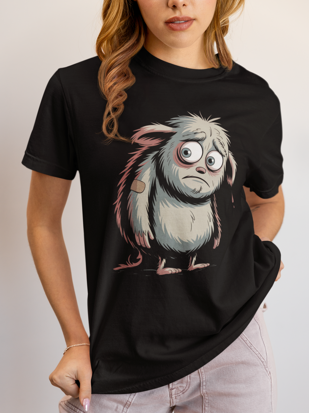 Junge Frau trägt schwarzes T-Shirt mit süß-traurigem Monster (Oberkörperaufnahme)