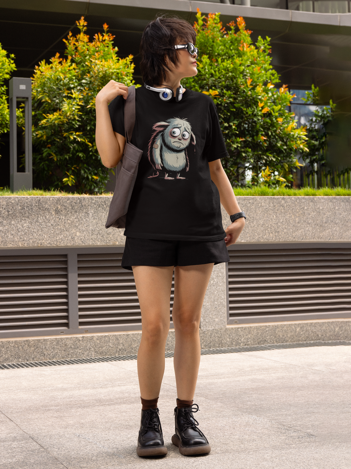 Junge Frau mir kurzen schwarzen Rock. Sie trägt schwarzes T-Shirt mit süß-traurigem Monster (Ganzkörperaufnahme)