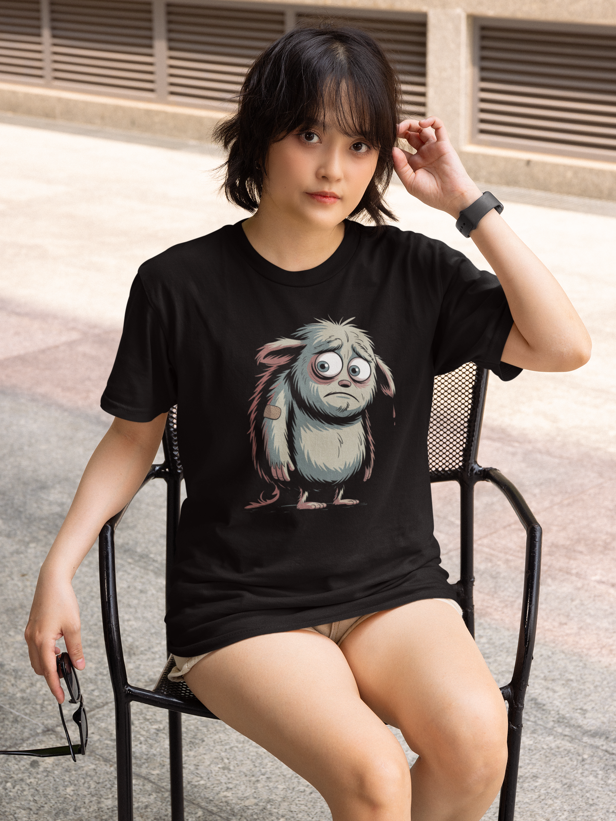 Junge Frau, sitzt auf Stuhl, sie trägt schwarzes T-Shirt mit süß-traurigem Monster (Oberkörperaufnahme)