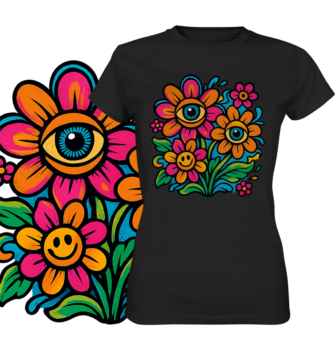 T-Shirt mit Floral Psychodellic Motiv, links Motiv vergrößert dargestellt
