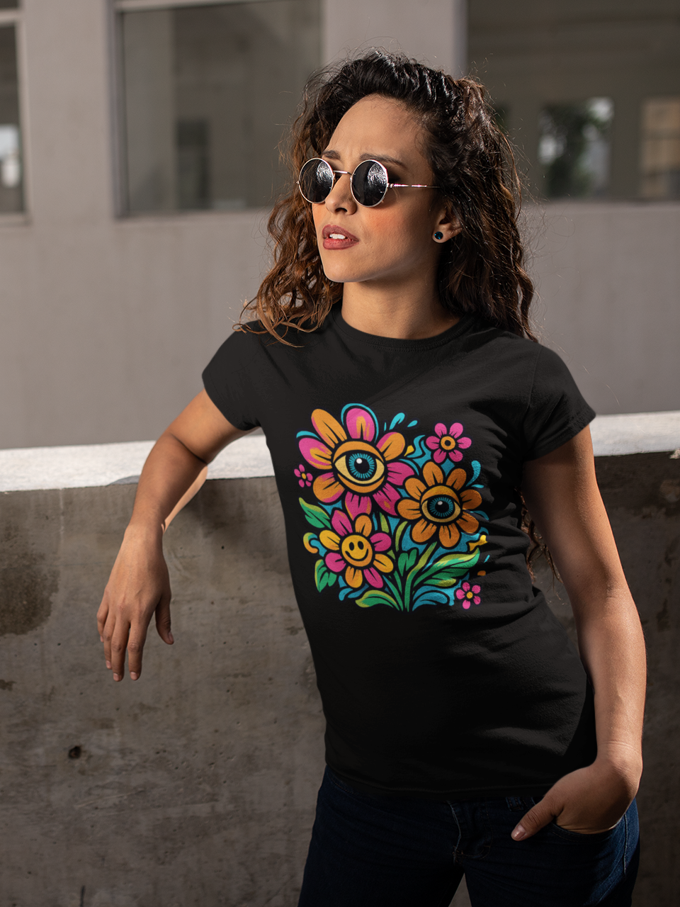 Junge Frau mit Sonnenbrille, sie trägt schwarzes Shirt mit Blumenauge (Oberkörperaufnahme). Sie lehnt an einer Mauer