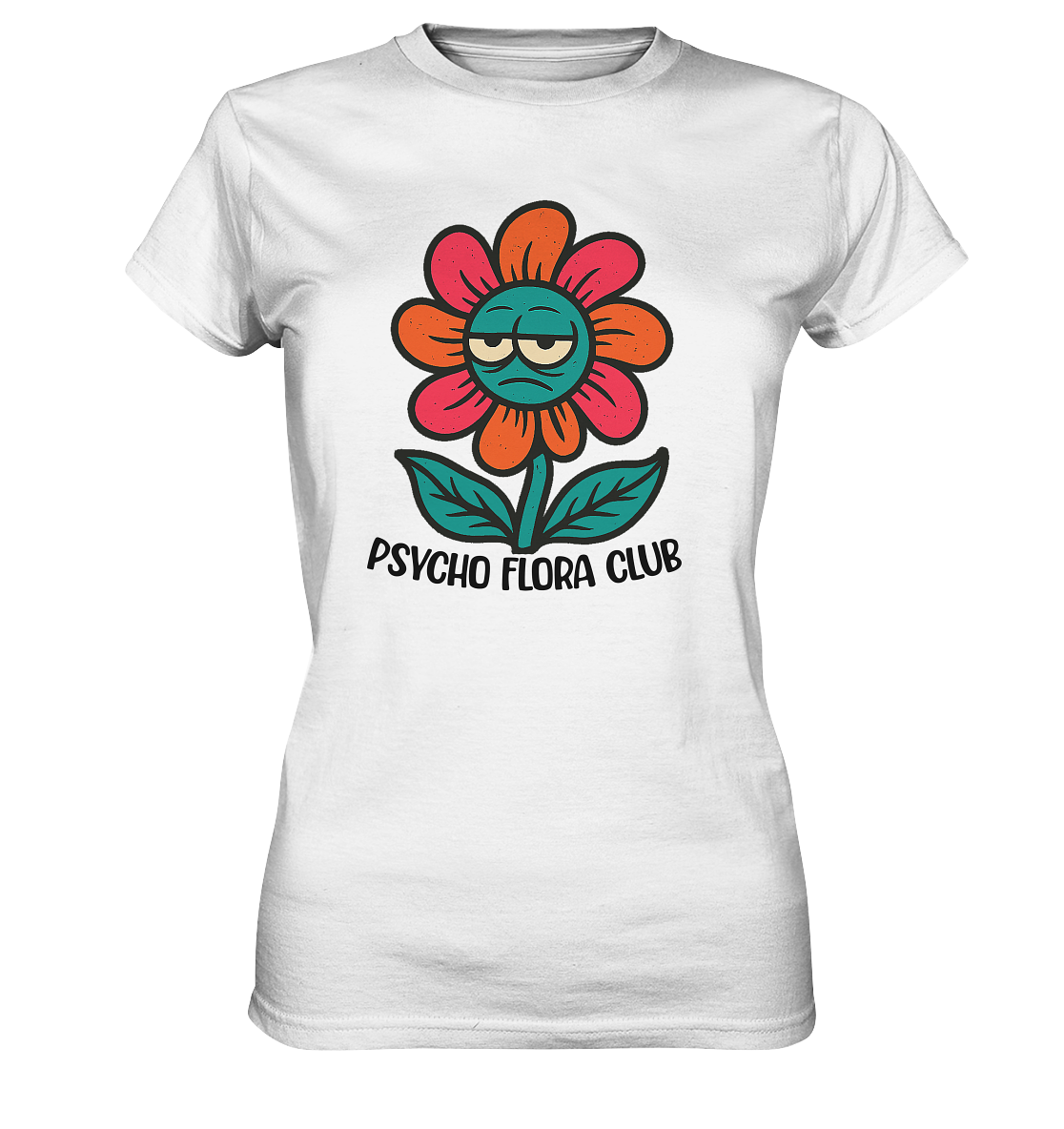 Weißes T-Shirt mit Retro-Blume mir Augen und Schriftzug „Psycho Flora Club“