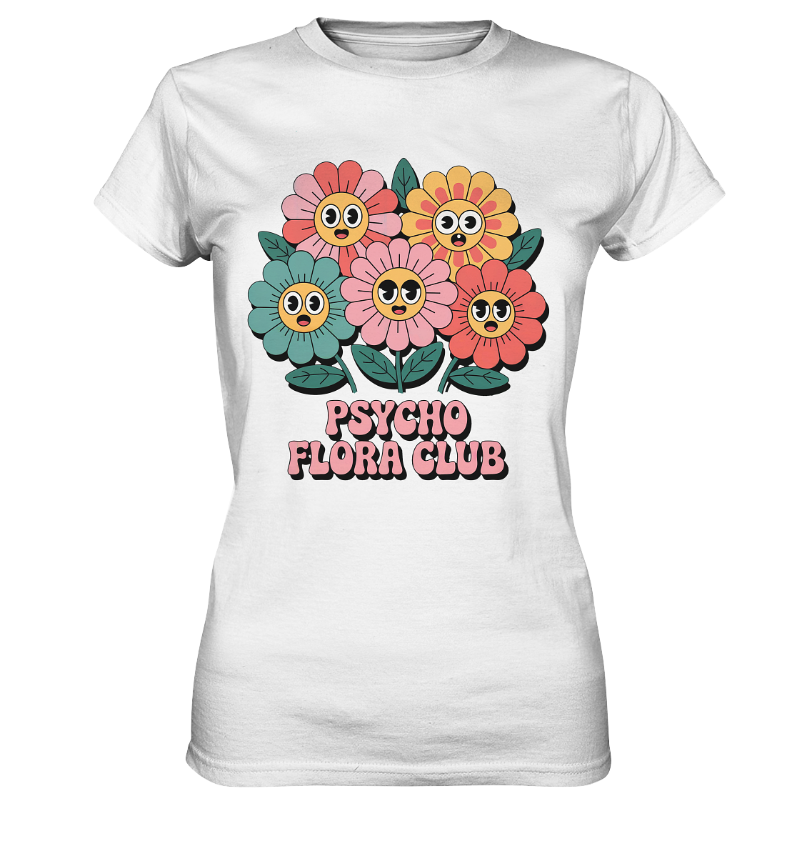 Weißes T-Shirt mit bunten 70s-Blumen und Schriftzug „Psycho Flora Club“