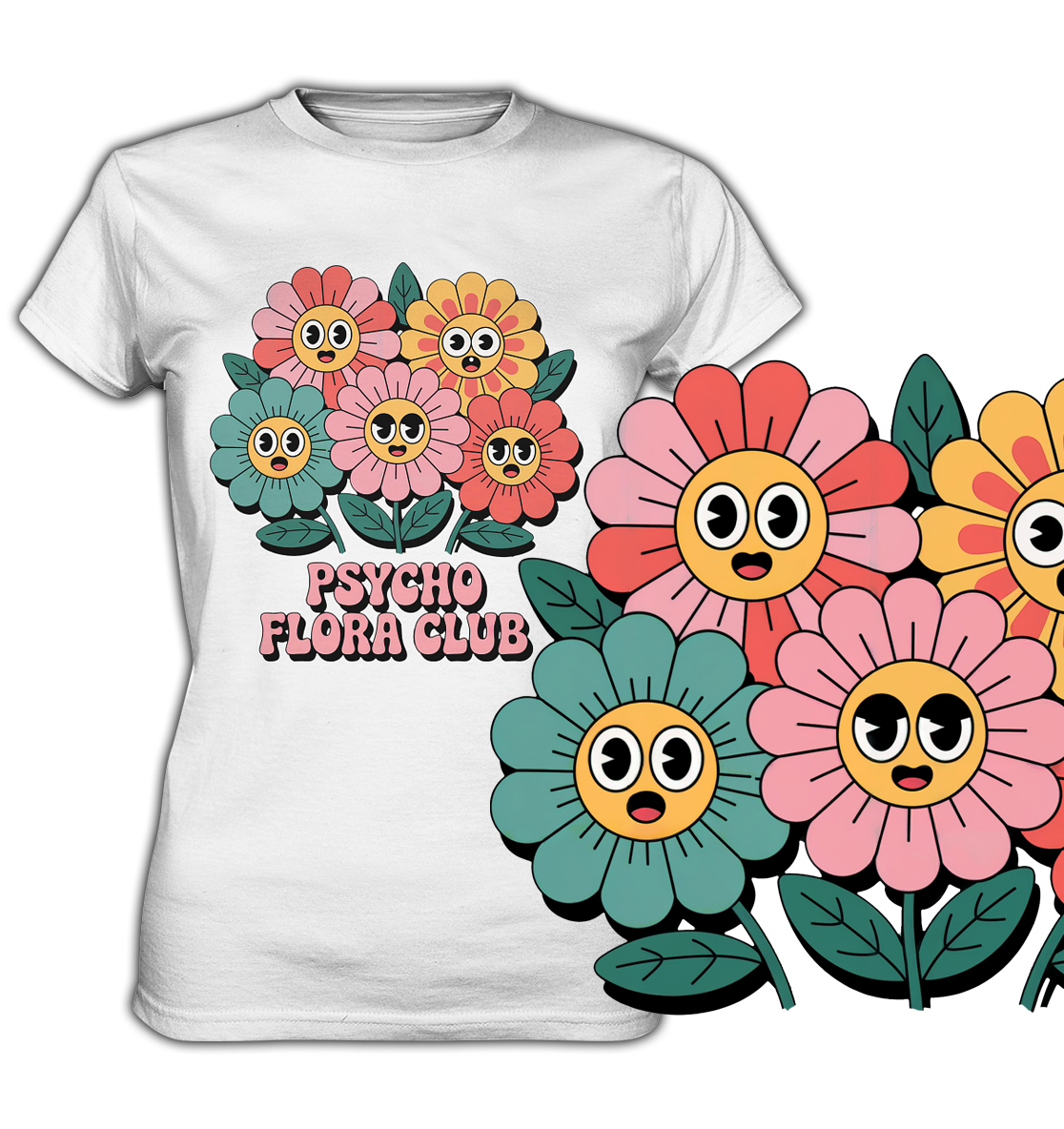 Weißes T-Shirt mit bunten 70s-Blumen und Schriftzug „Psycho Flora Club“. Eine vergrößerte Darstellung des Blumen-Motivs rechts