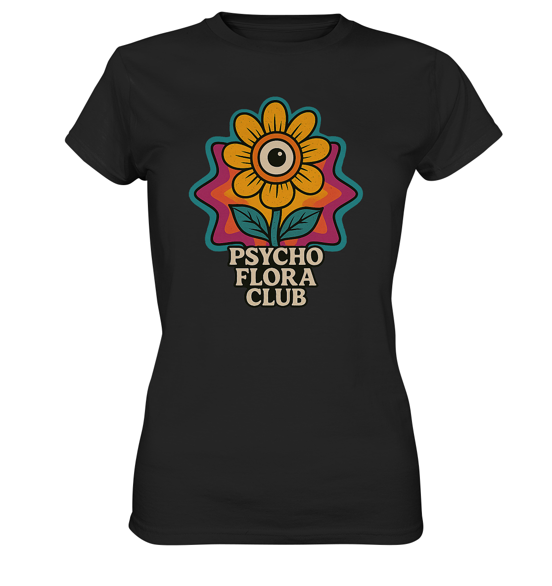 Shirt mit einzelner Blume und „Psycho Flora Club“-Schriftzug