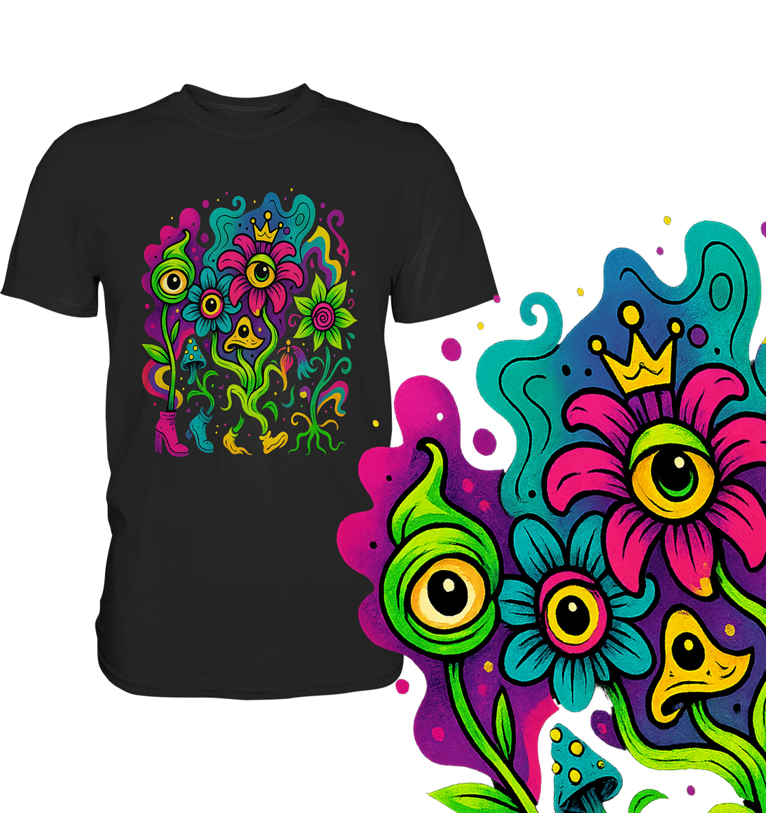 Psycho Flowers – 70s Flowertrip mit Pilzen & Vibes – Premium T-Shirt