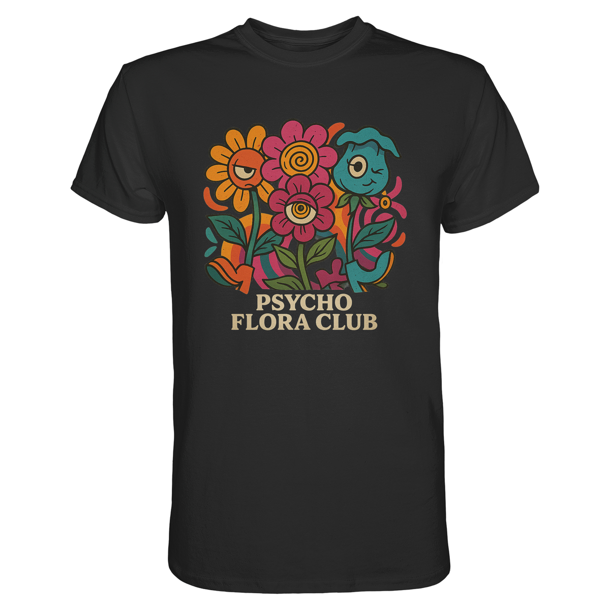 Schwarzes T-Shirt mit buntem Retro-Blumenmotiv und Schriftzug „Psycho Flora Club“