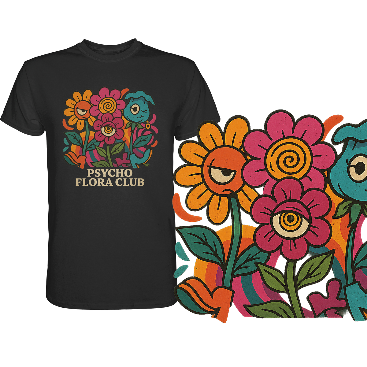 Schwarzes T-Shirt mit buntem Retro-Blumenmotiv und Schriftzug „Psycho Flora Club“. Vergößerte Darstellung des Motives rechts.