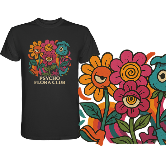 Schwarzes T-Shirt mit buntem Retro-Blumenmotiv und Schriftzug „Psycho Flora Club“. Vergößerte Darstellung des Motives rechts.